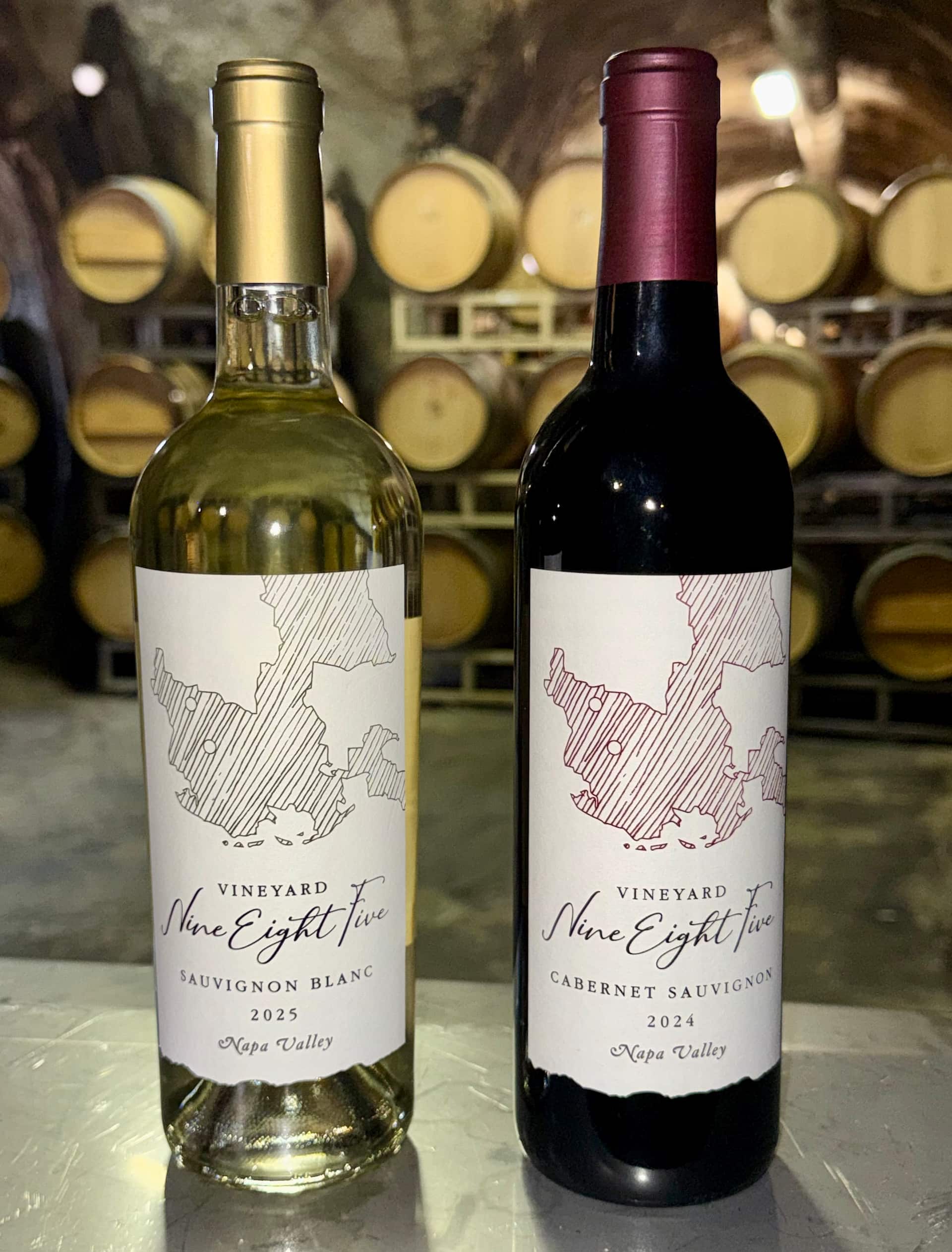 The 2025 Sauvignon Blanc and 2024 Cabernet Sauvignon in the barrel cave
